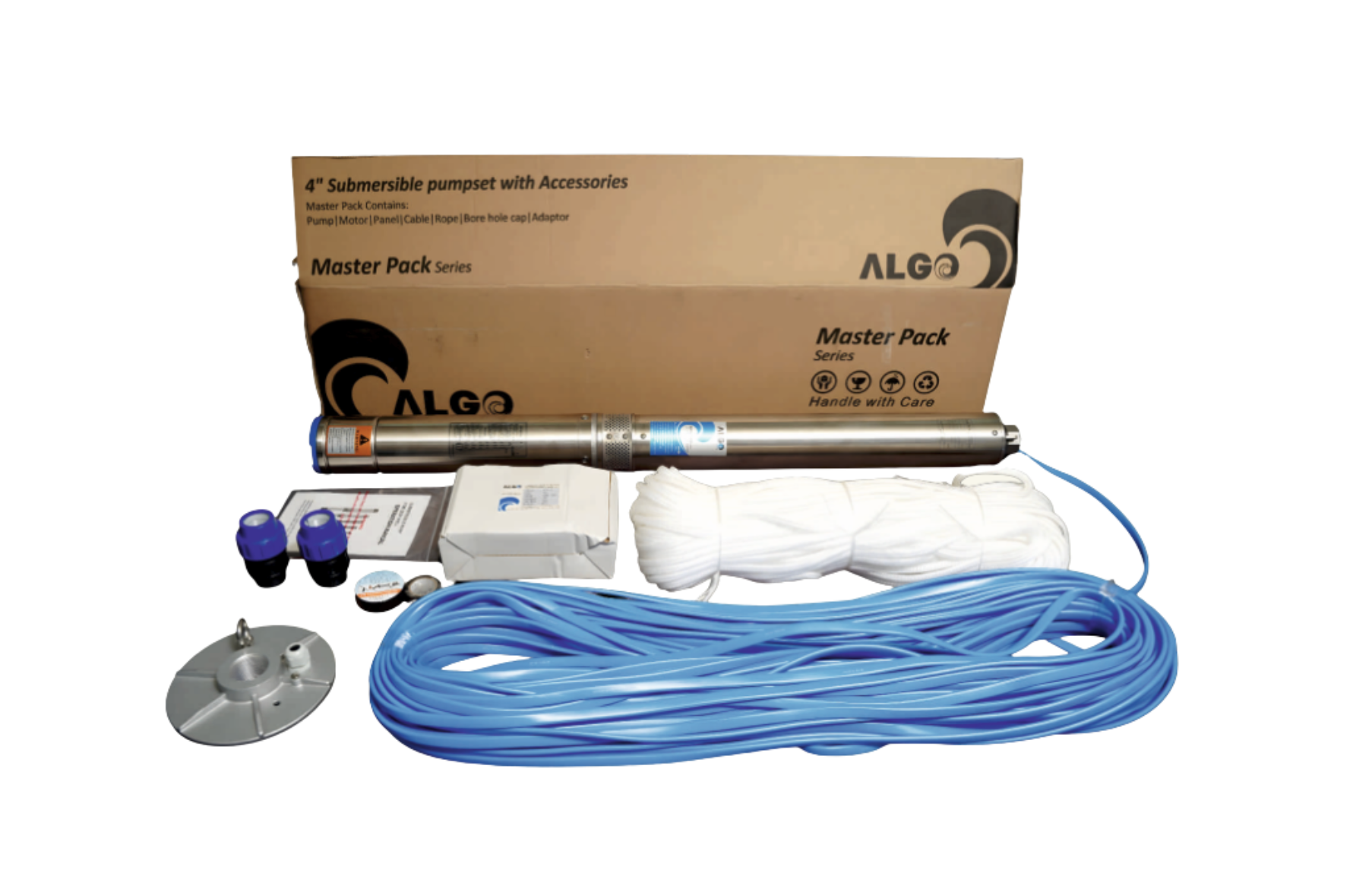 Borehole Pump 0.37KW + 1Ph Motor + CB + 40 Meters Cable + Rope + base plate + 3 Adaptors to fit HDPE